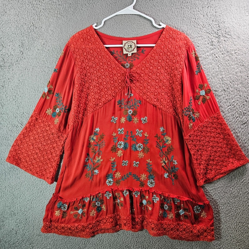A & A Clothing Inc Embroidered Tunic Top Blouse Women Medium Lace Detailed Red